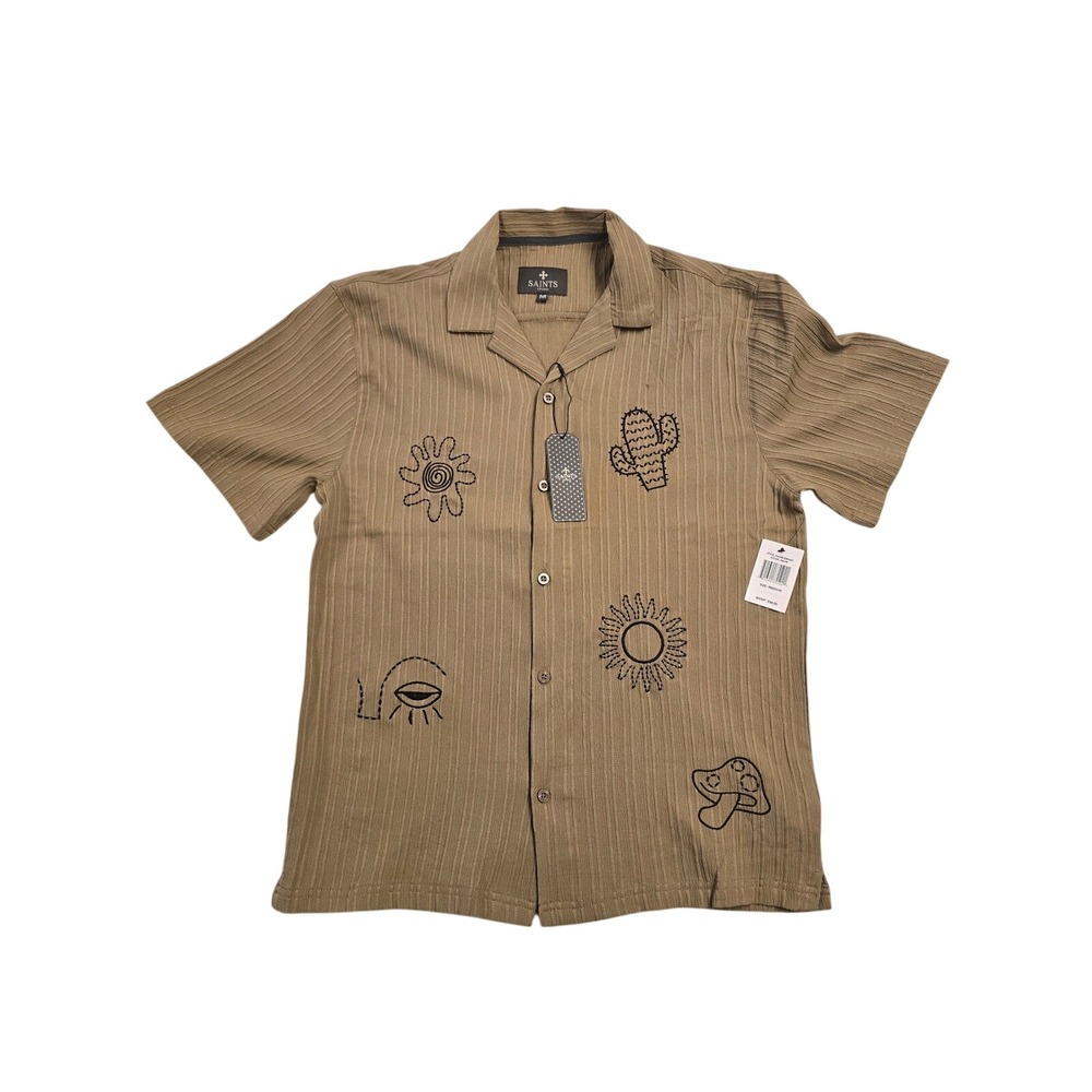 Saints Studio Mens Taupe Embroidered Short Sleeve Button Down Shirt size m new